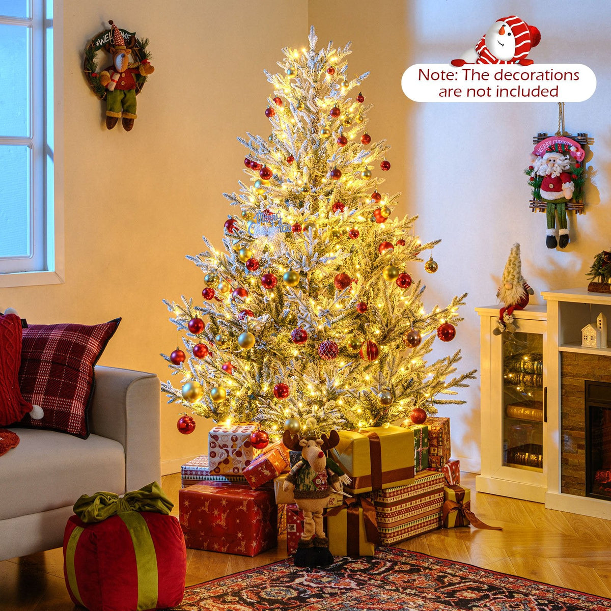 6 FT Pre-Lit Snow Flocked Christmas Tree with 762 Tips, 340 Warm White LEDs and 13 Lighting Modes