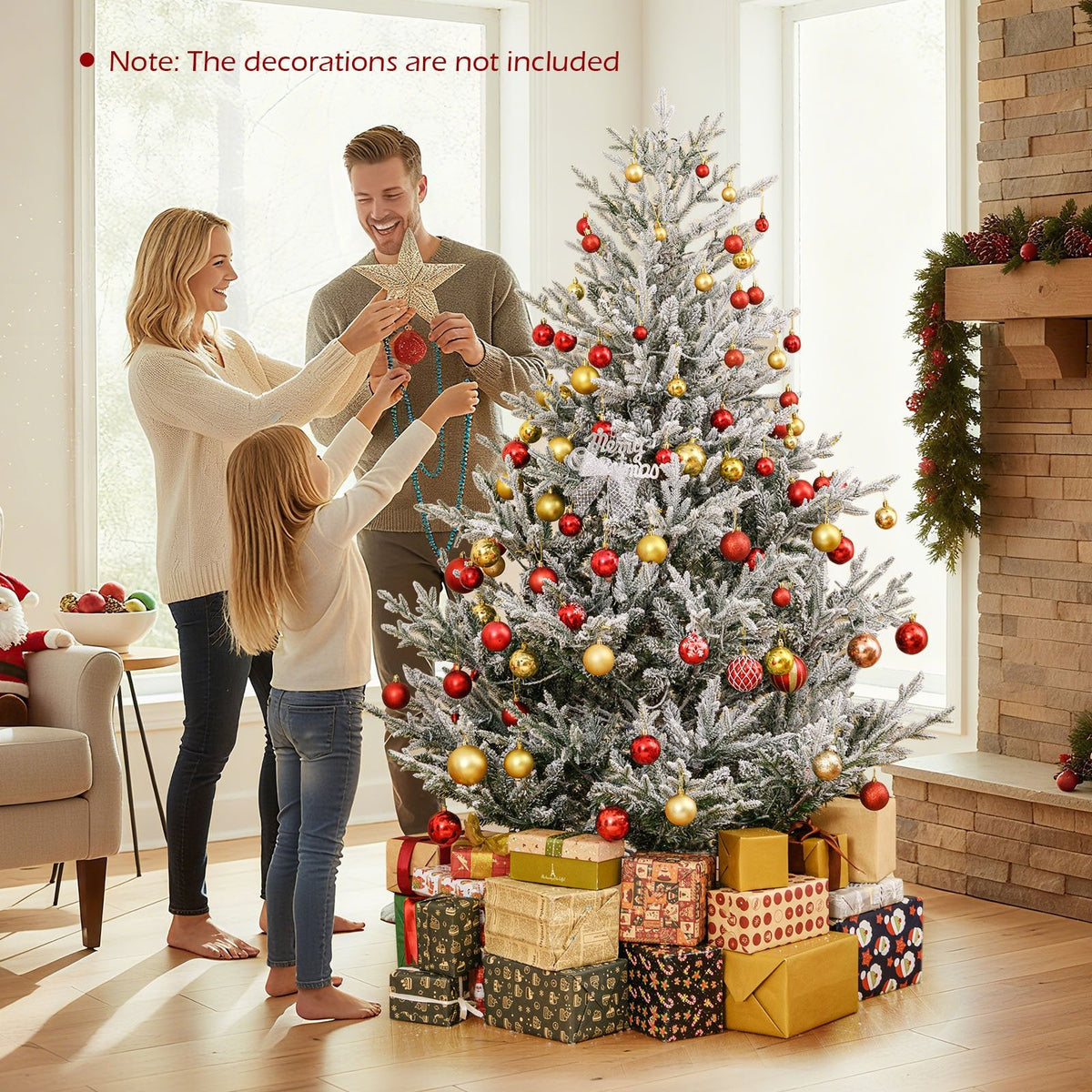 6 FT Pre-Lit Snow Flocked Christmas Tree with 762 Tips, 340 Warm White LEDs and 13 Lighting Modes