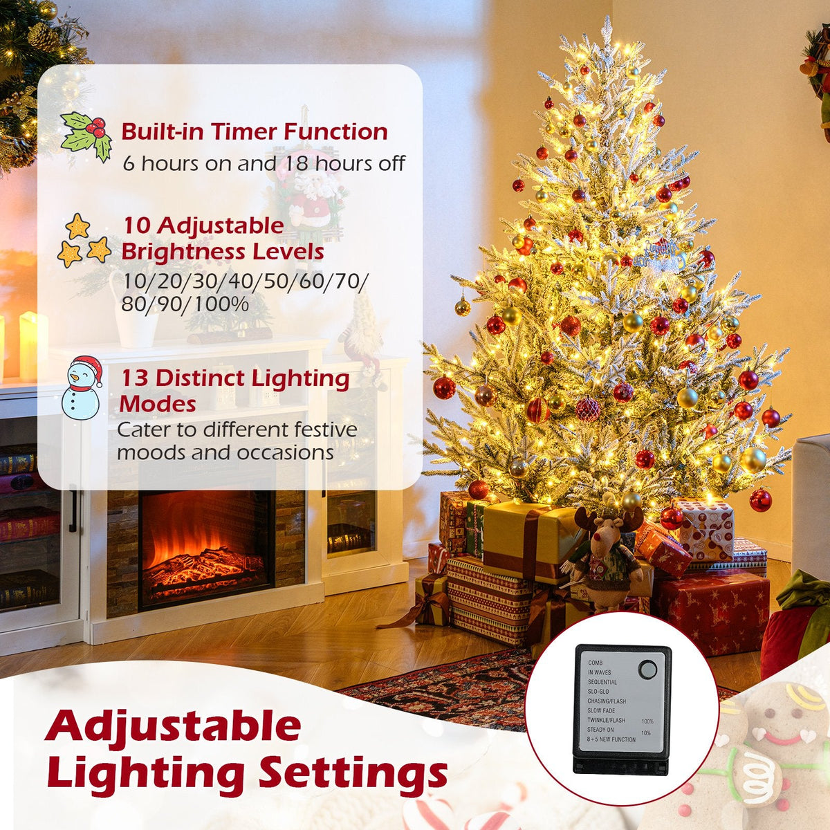 6 FT Pre-Lit Snow Flocked Christmas Tree with 762 Tips, 340 Warm White LEDs and 13 Lighting Modes