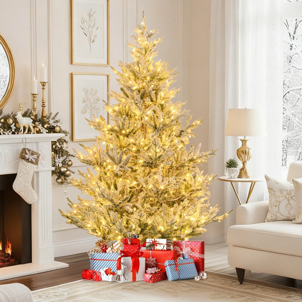 7 FT Pre-Lit Snow Flocked Christmas Tree with 1074 Tips, 450 Warm White LEDs and 13 Lighting Modes