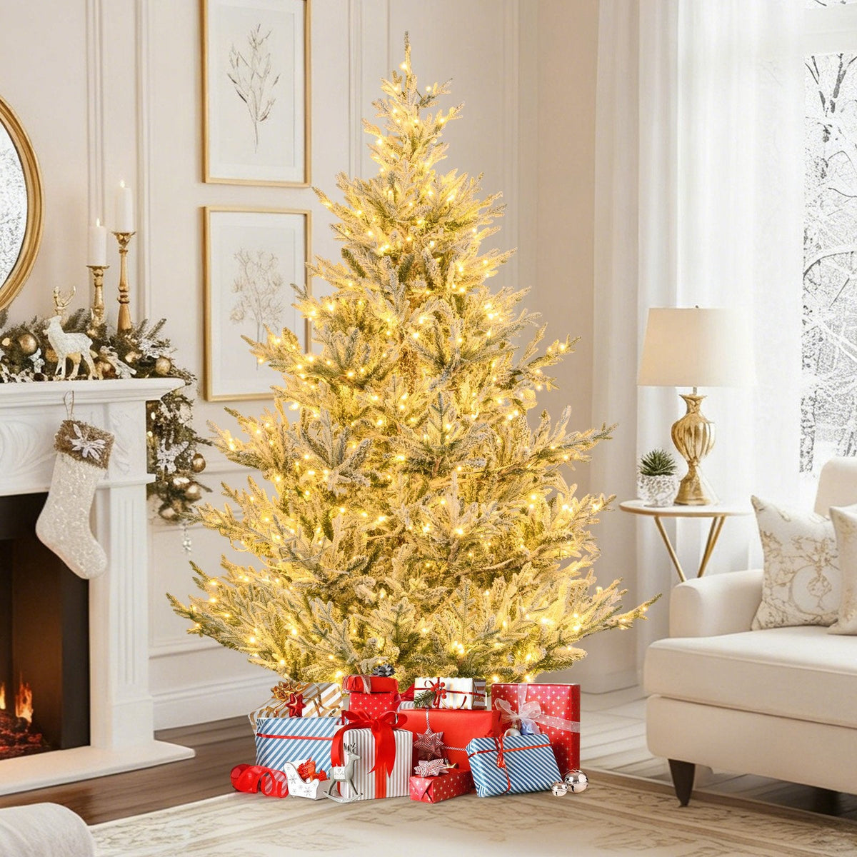 7 FT Pre-Lit Snow Flocked Christmas Tree with 1074 Tips, 450 Warm White LEDs and 13 Lighting Modes