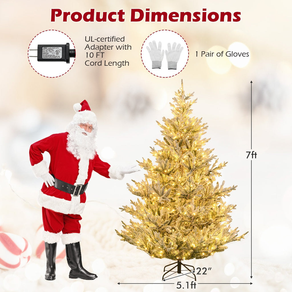 7 FT Pre-Lit Snow Flocked Christmas Tree with 1074 Tips, 450 Warm White LEDs and 13 Lighting Modes