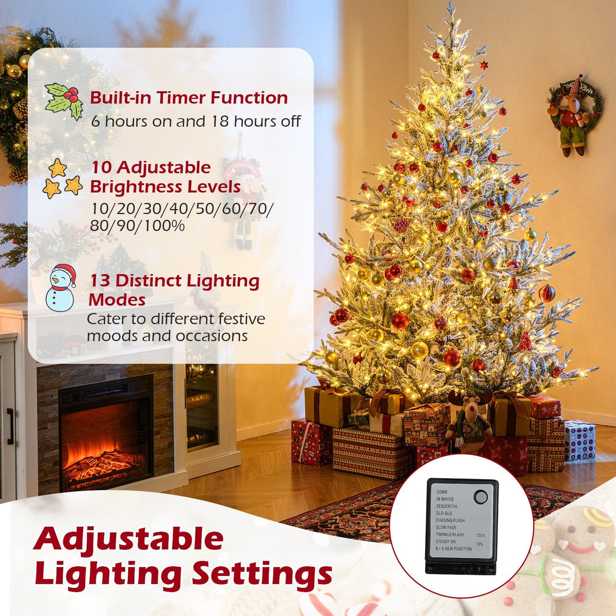 7 FT Pre-Lit Snow Flocked Christmas Tree with 1074 Tips, 450 Warm White LEDs and 13 Lighting Modes