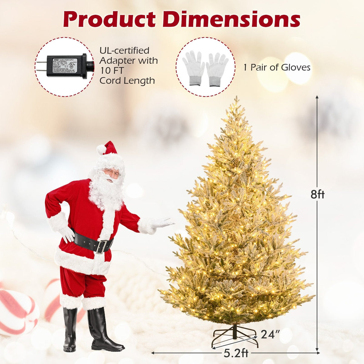 8 FT Pre-Lit Snow Flocked Christmas Tree with 1470 Tips, 580 Warm White LEDs and 13 Lighting Modes