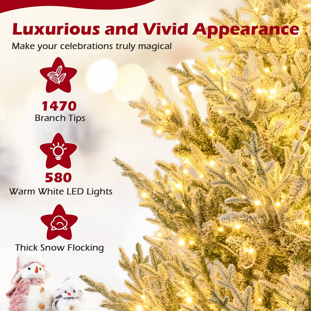 8 FT Pre-Lit Snow Flocked Christmas Tree with 1470 Tips, 580 Warm White LEDs and 13 Lighting Modes