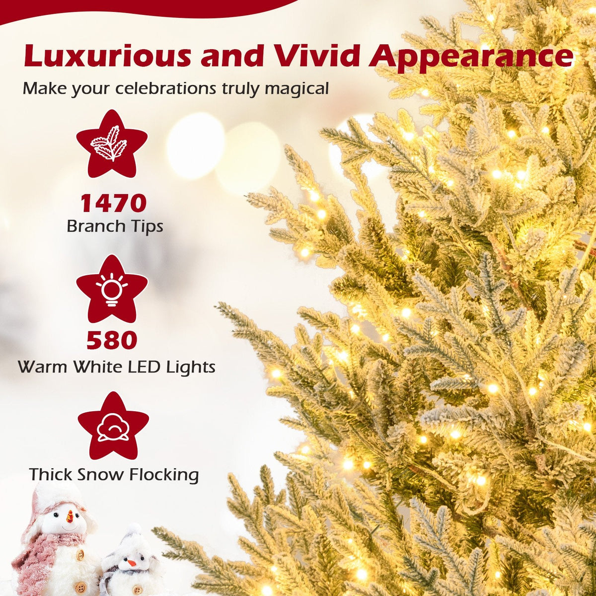 8 FT Pre-Lit Snow Flocked Christmas Tree with 1470 Tips, 580 Warm White LEDs and 13 Lighting Modes