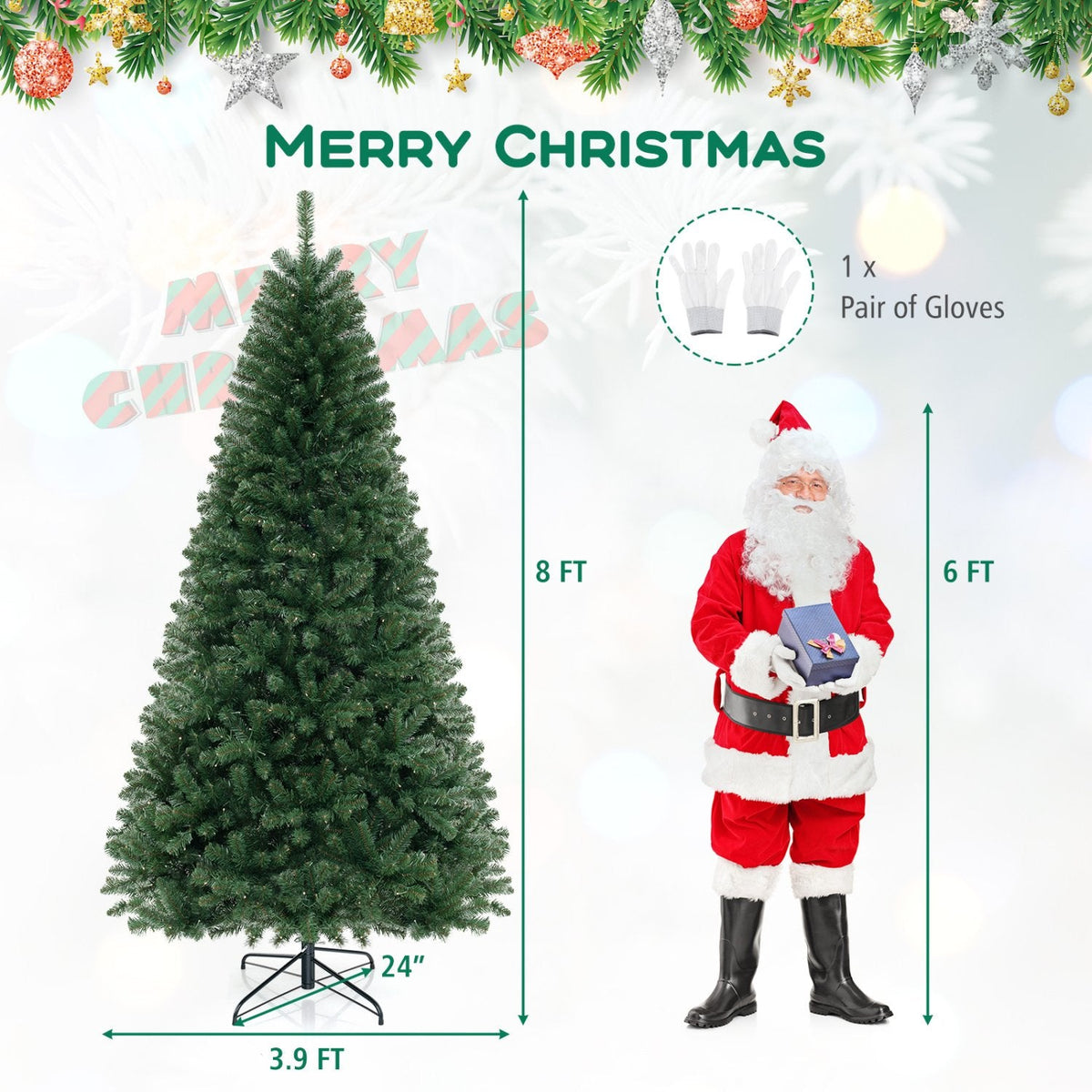 8 FT Pre-Lit Hinged Christmas Tree with 1182 Branch Tips, 400 Warm White LEDs and 8 Modes