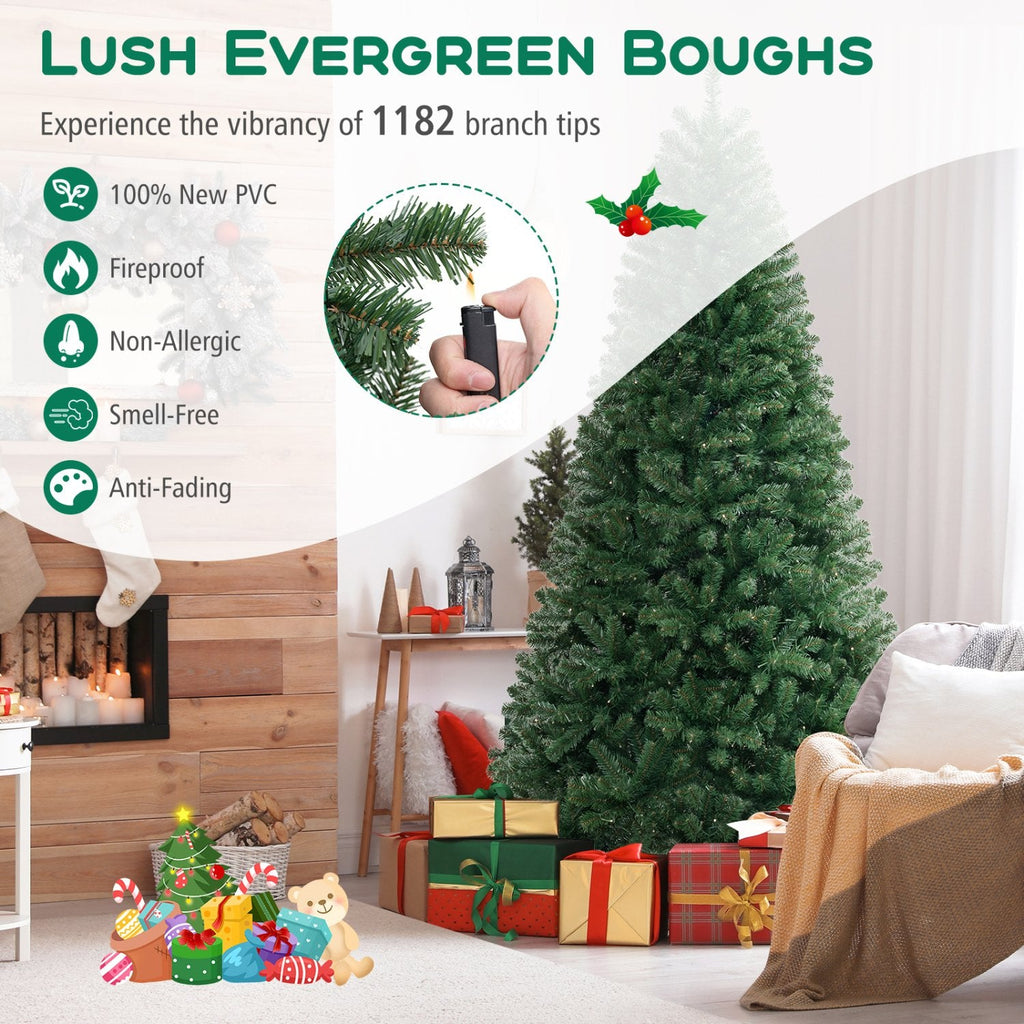 8 FT Pre-Lit Hinged Christmas Tree with 1182 Branch Tips, 400 Warm White LEDs and 8 Modes