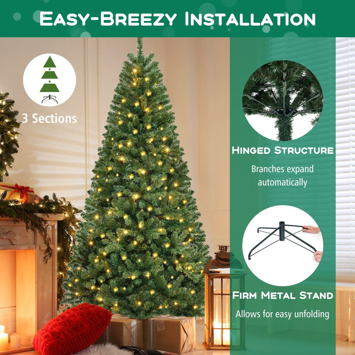 8 FT Pre-Lit Hinged Christmas Tree with 1182 Branch Tips, 400 Warm White LEDs and 8 Modes