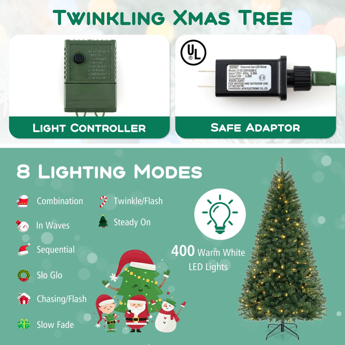8 FT Pre-Lit Hinged Christmas Tree with 1182 Branch Tips, 400 Warm White LEDs and 8 Modes