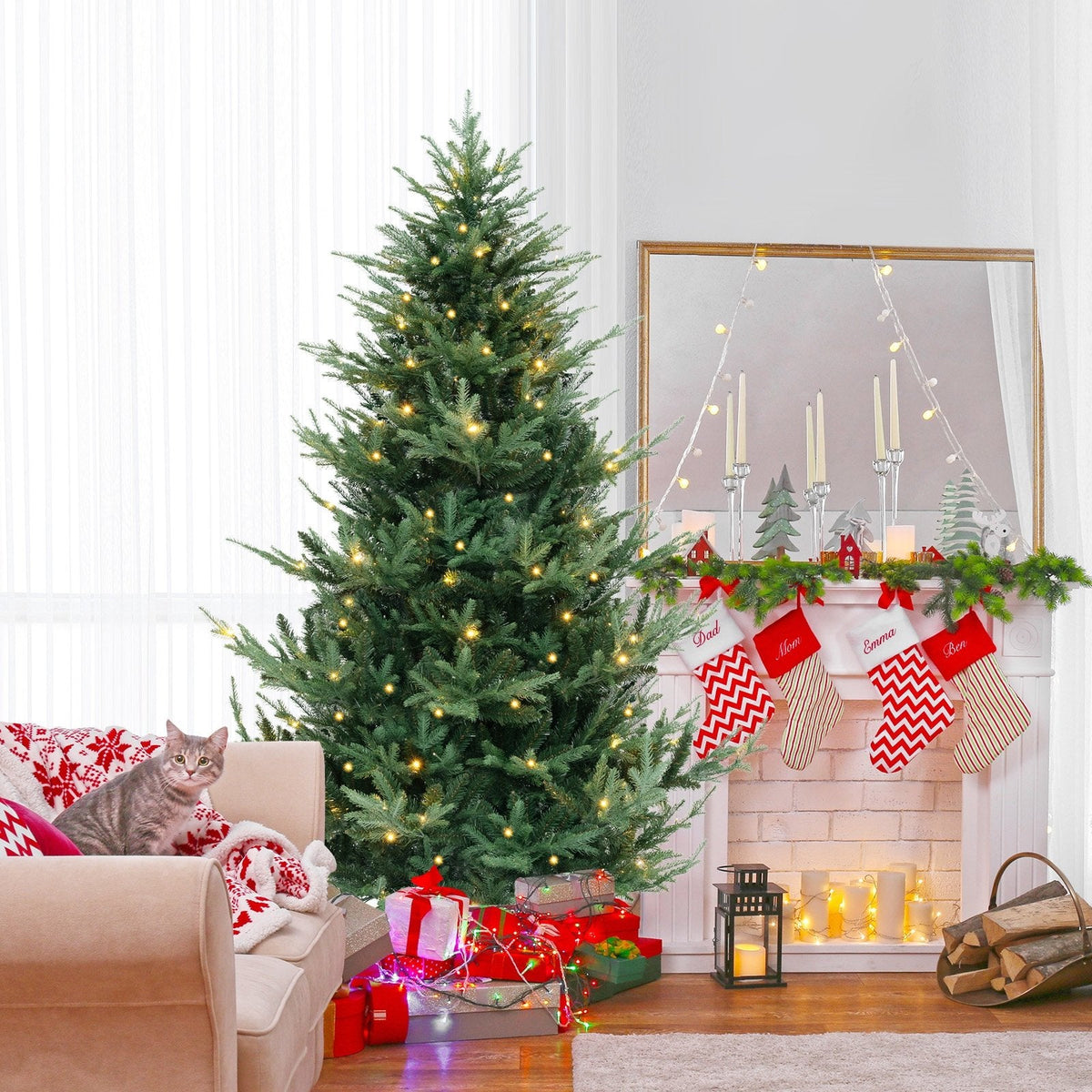 7 FT Pre-Lit Hinged Christmas Tree with 1090 PVC and PE Tips, 340 Warm White LEDs and 8 Modes