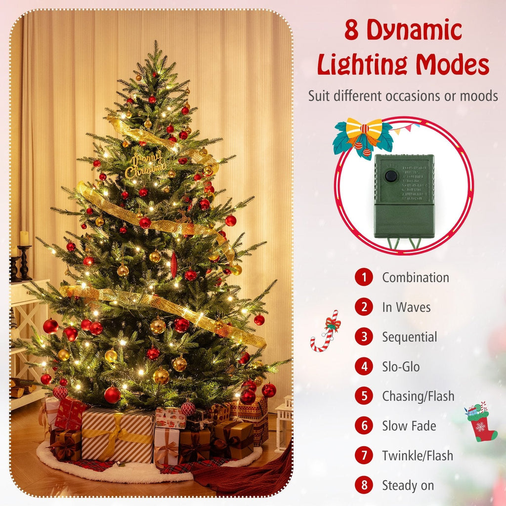 7 FT Pre-Lit Hinged Christmas Tree with 1090 PVC and PE Tips, 340 Warm White LEDs and 8 Modes