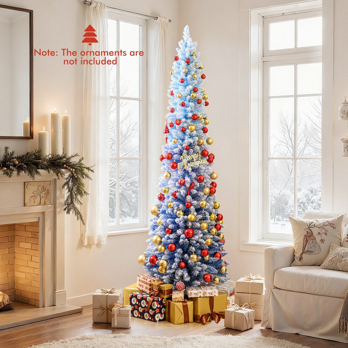 7 FT Slim Ombre Blue Snow Flocked Christmas Tree with 588 Tips, 290 LEDs, Timer and Memory