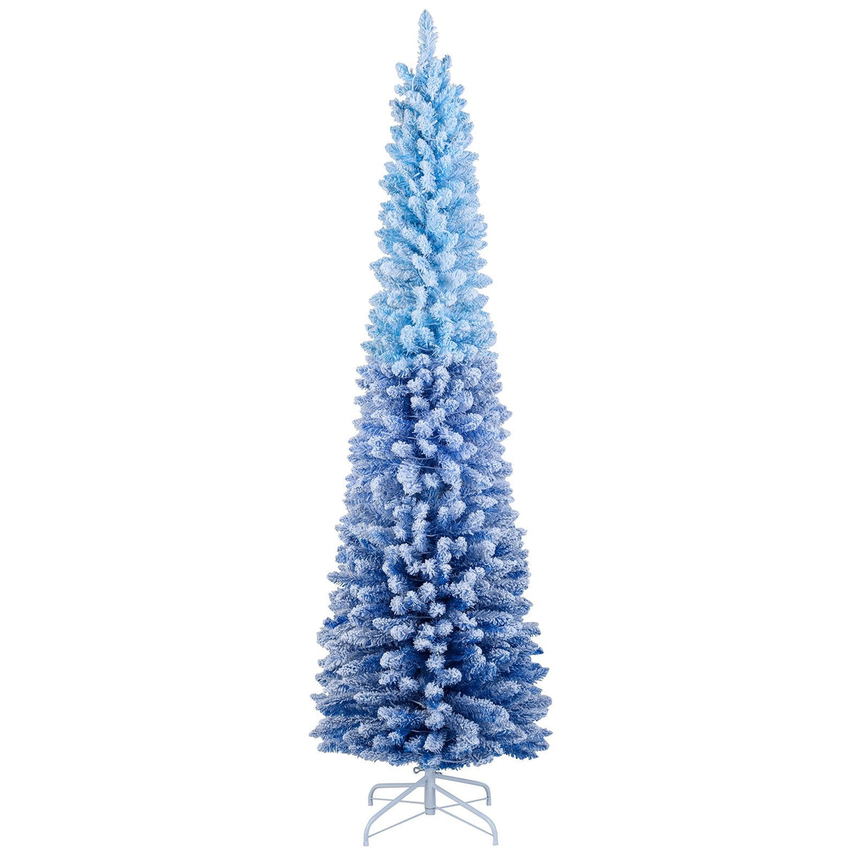 7 FT Slim Ombre Blue Snow Flocked Christmas Tree with 588 Tips, 290 LEDs, Timer and Memory