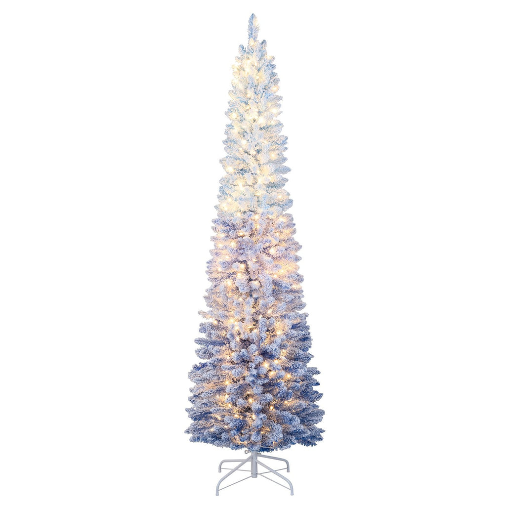 7 FT Slim Ombre Blue Snow Flocked Christmas Tree with 588 Tips, 290 LEDs, Timer and Memory