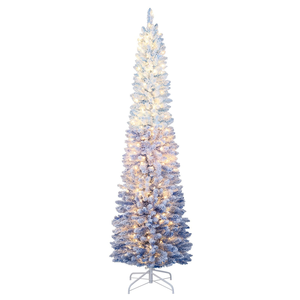 7 FT Slim Ombre Blue Snow Flocked Christmas Tree with 588 Tips, 290 LEDs, Timer and Memory