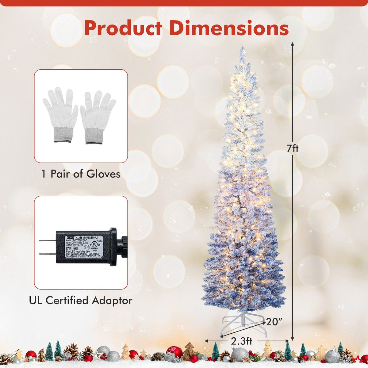 7 FT Slim Ombre Blue Snow Flocked Christmas Tree with 588 Tips, 290 LEDs, Timer and Memory