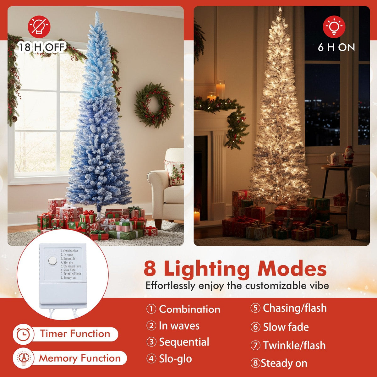 7 FT Slim Ombre Blue Snow Flocked Christmas Tree with 588 Tips, 290 LEDs, Timer and Memory