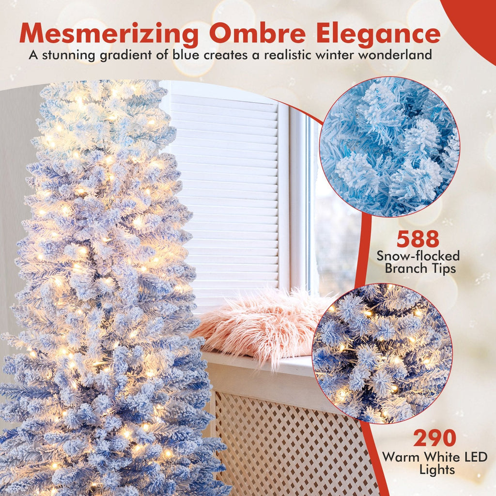 7 FT Slim Ombre Blue Snow Flocked Christmas Tree with 588 Tips, 290 LEDs, Timer and Memory
