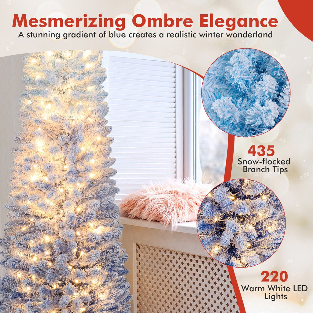 6 FT Slim Ombre Blue Snow Flocked Christmas Tree with 435 Tips, 220 LEDs, Timer and Memory