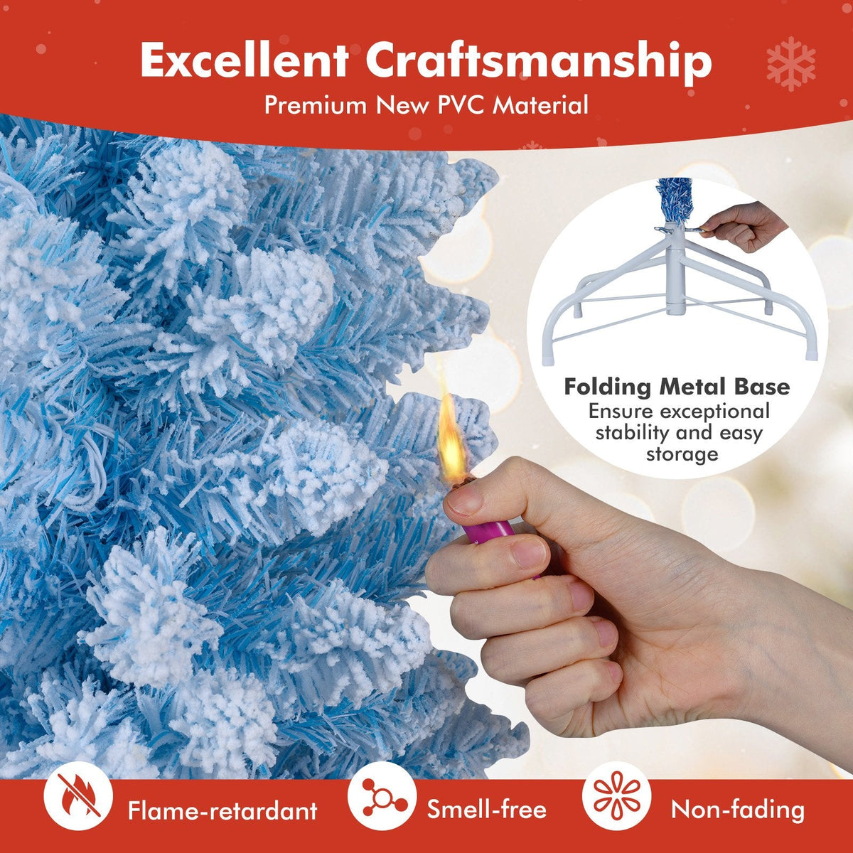 6 FT Slim Ombre Blue Snow Flocked Christmas Tree with 435 Tips, 220 LEDs, Timer and Memory