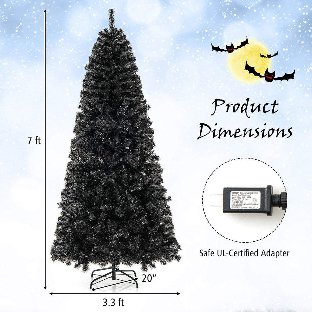 7 FT Black Pre-Lit Christmas Tree with Bendable Top, 1050 Branch Tips and 340 Warm White LEDs