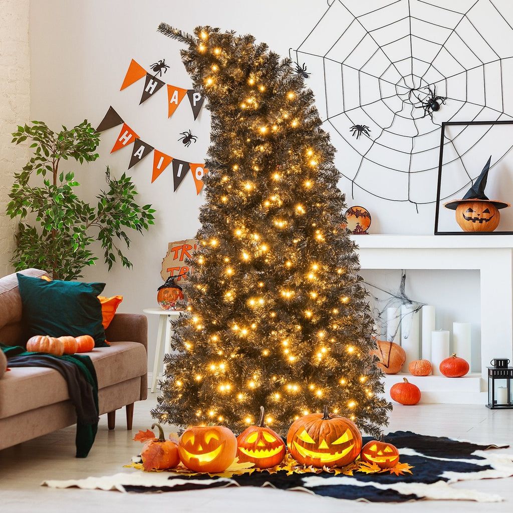 7 FT Black Pre-Lit Christmas Tree with Bendable Top, 1050 Branch Tips and 340 Warm White LEDs