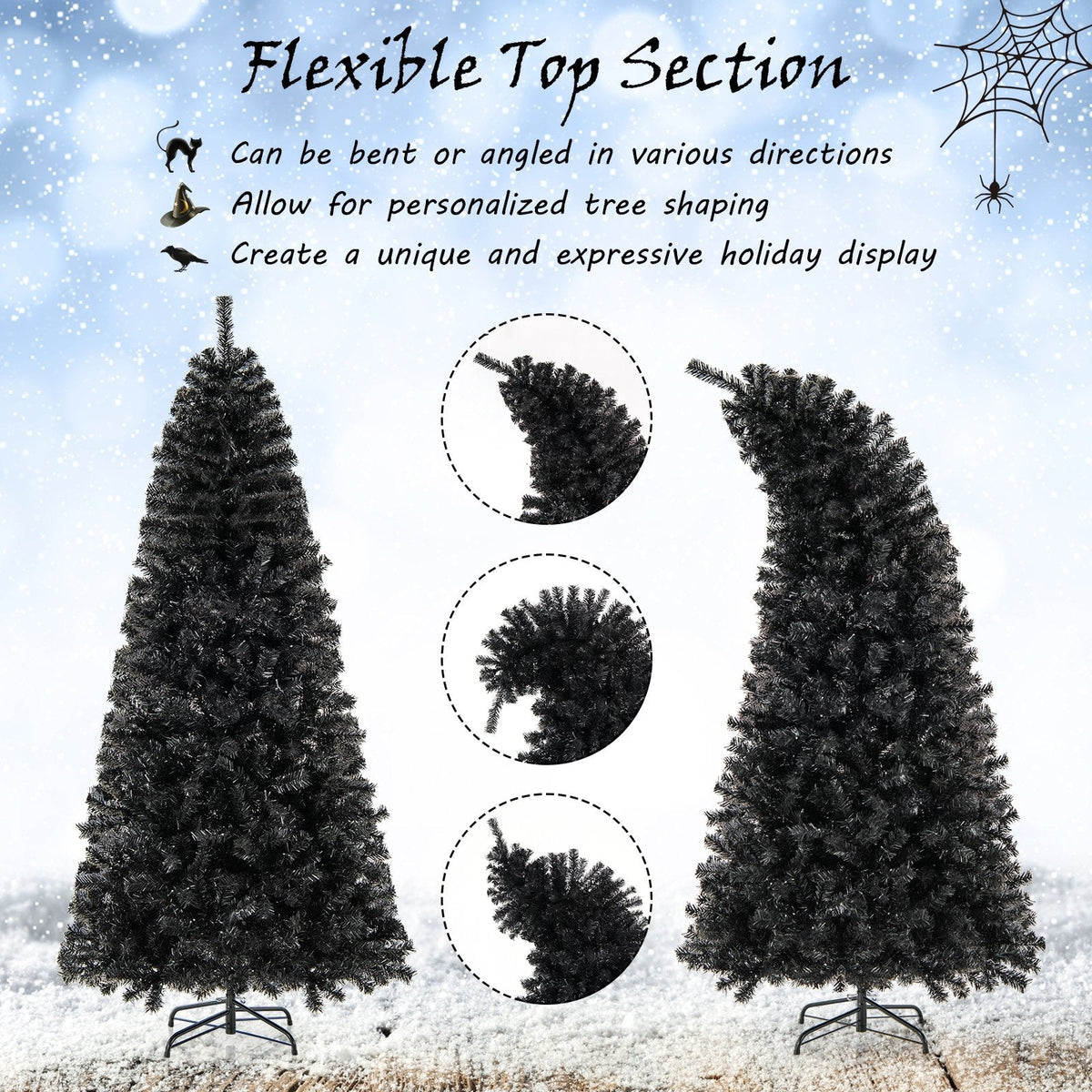 7 FT Black Pre-Lit Christmas Tree with Bendable Top, 1050 Branch Tips and 340 Warm White LEDs