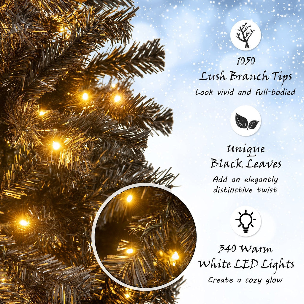 7 FT Black Pre-Lit Christmas Tree with Bendable Top, 1050 Branch Tips and 340 Warm White LEDs