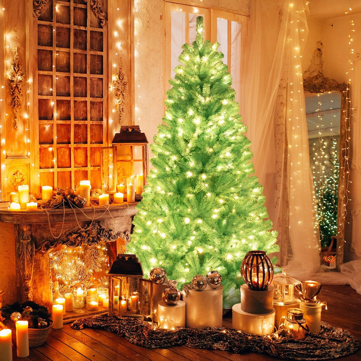 7 FT Blue Pre-Lit Artificial Christmas Tree with 1040 Tips and 380 Warm White LED Lights