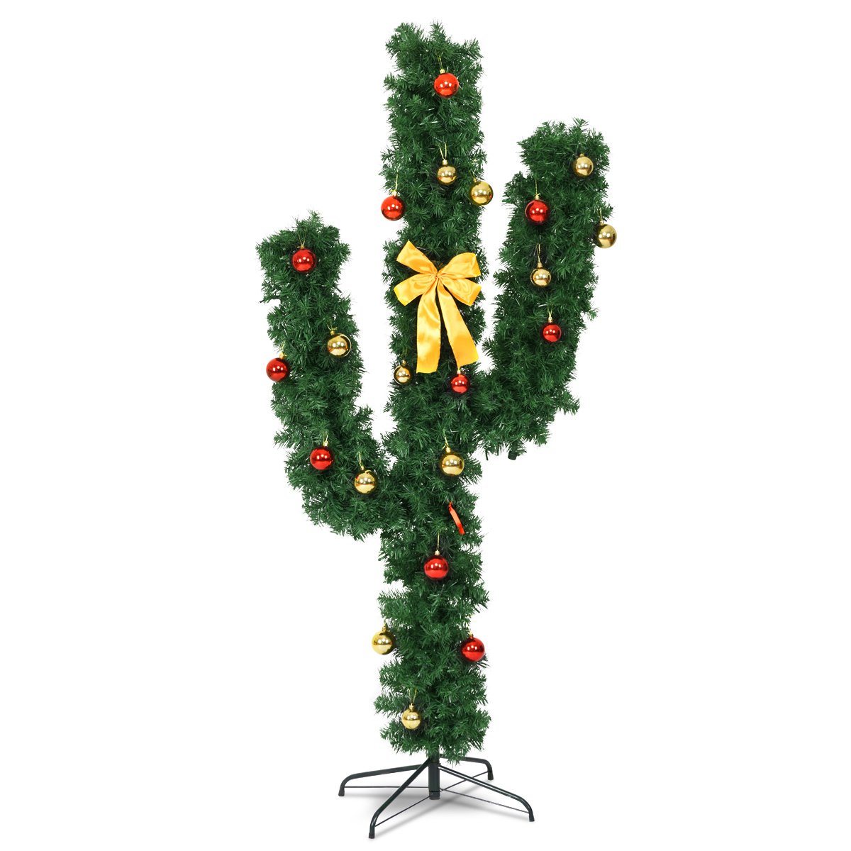 6 FT Pre-Lit Artificial Cactus Christmas Tree with LED Lights, Ball Ornaments and Bow