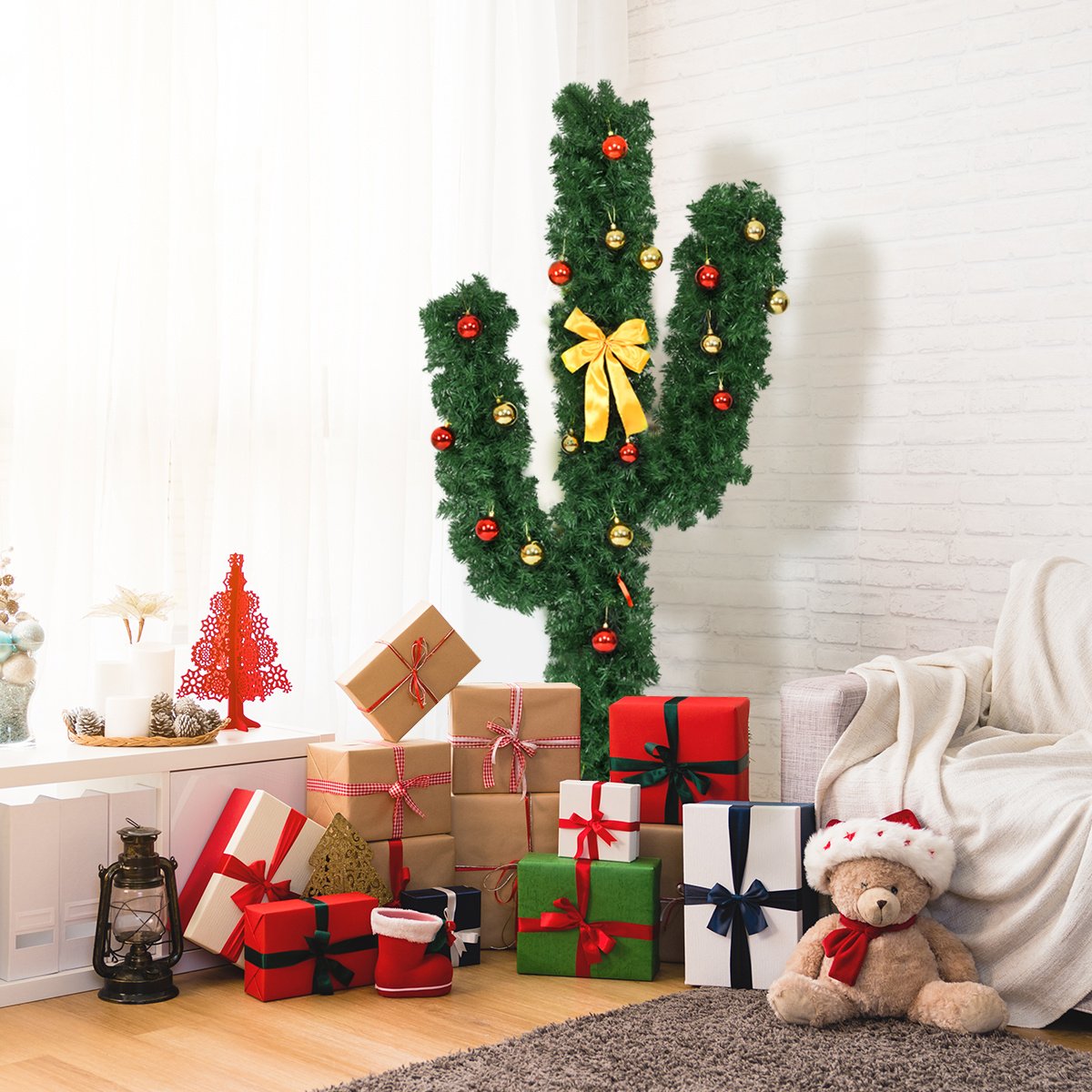 6 FT Pre-Lit Artificial Cactus Christmas Tree with LED Lights, Ball Ornaments and Bow
