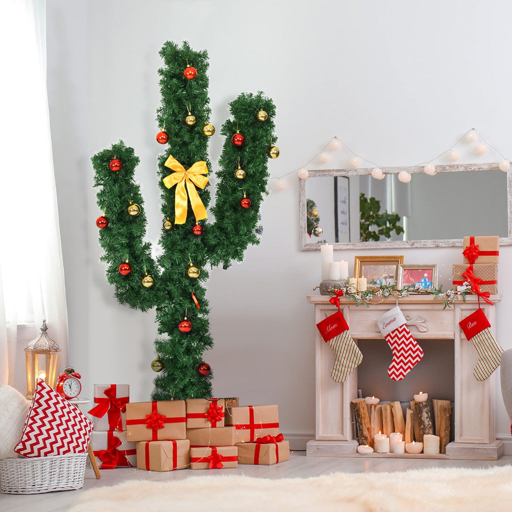 6 FT Pre-Lit Artificial Cactus Christmas Tree with LED Lights, Ball Ornaments and Bow
