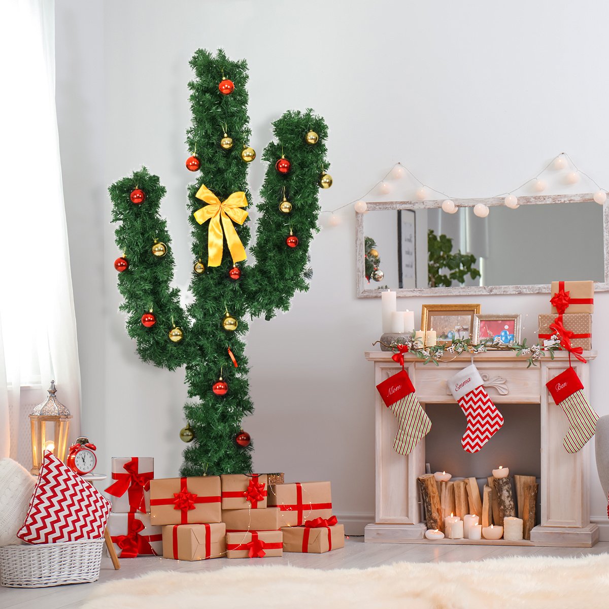 6 FT Pre-Lit Artificial Cactus Christmas Tree with LED Lights, Ball Ornaments and Bow