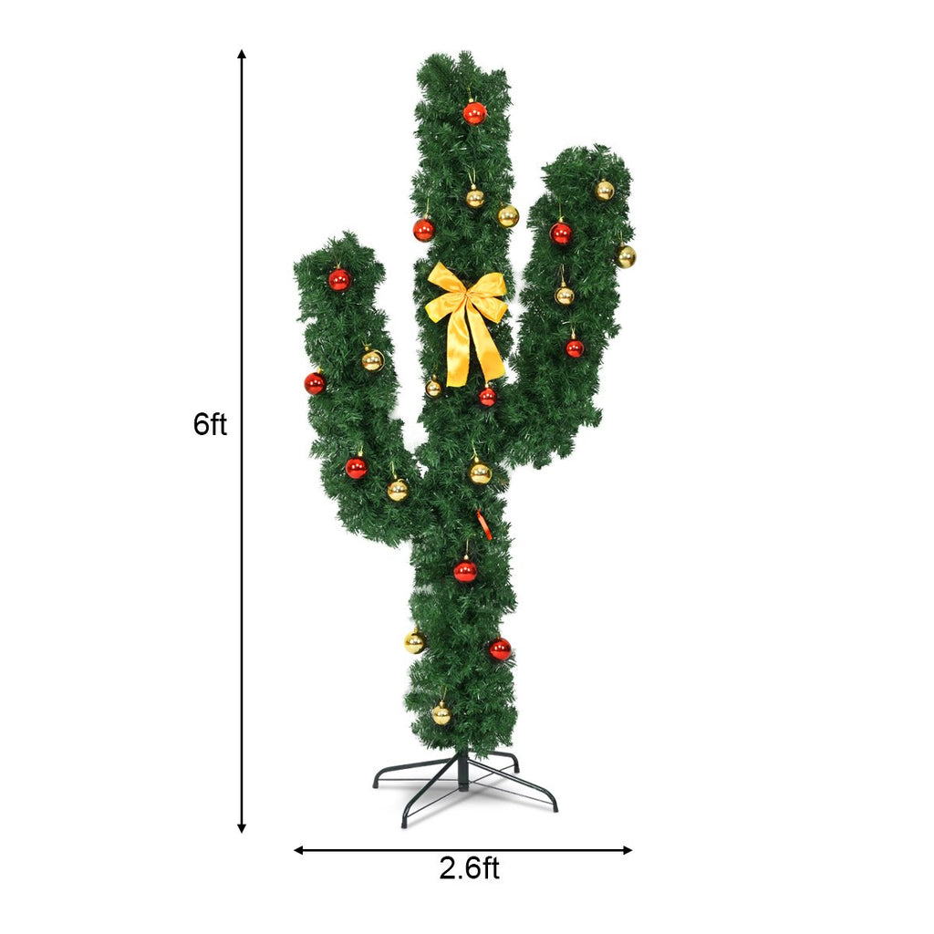 6 FT Pre-Lit Artificial Cactus Christmas Tree with LED Lights, Ball Ornaments and Bow