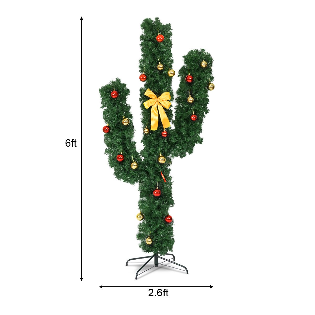 6 FT Pre-Lit Artificial Cactus Christmas Tree with LED Lights, Ball Ornaments and Bow