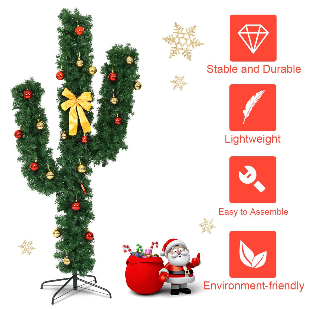 6 FT Pre-Lit Artificial Cactus Christmas Tree with LED Lights, Ball Ornaments and Bow