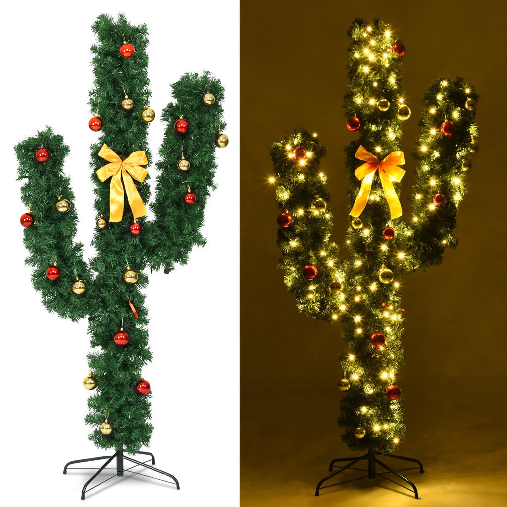 6 FT Pre-Lit Artificial Cactus Christmas Tree with LED Lights, Ball Ornaments and Bow