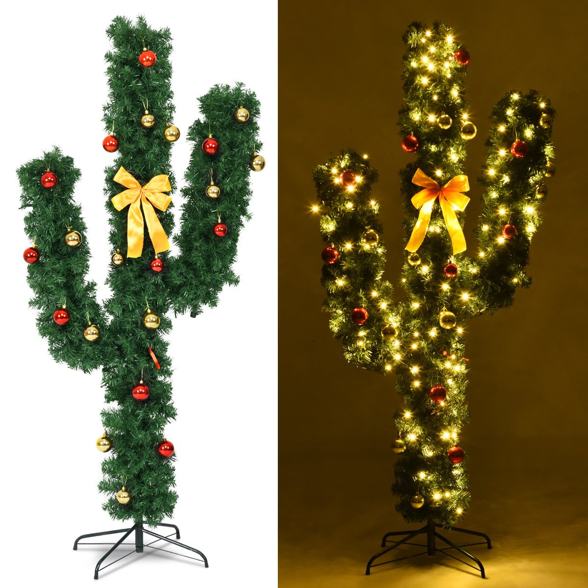 6 FT Pre-Lit Artificial Cactus Christmas Tree with LED Lights, Ball Ornaments and Bow