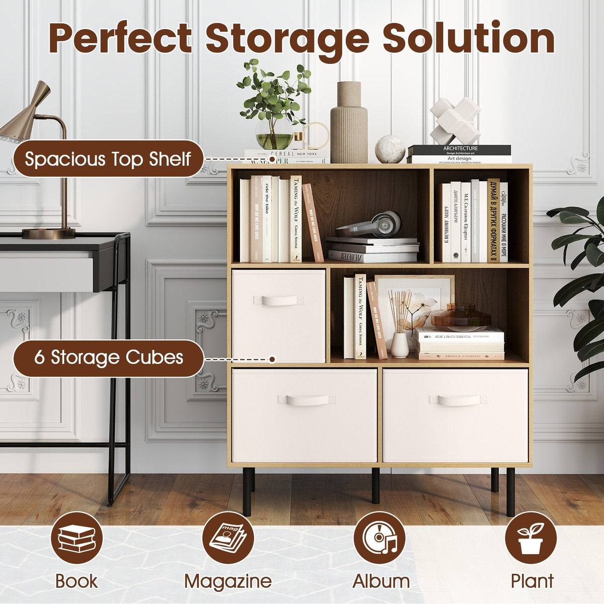 6-Cube Bookshelf with 3 Removable Folding Fabric Drawers for Living Room-Natural