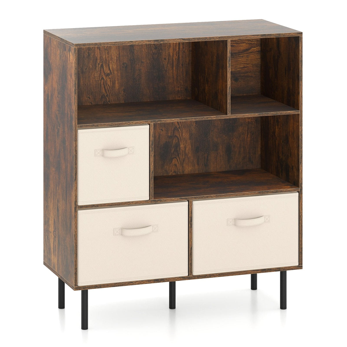 6-Cube Bookshelf with 3 Removable Folding Fabric Drawers for Living Room-Rustic Brown