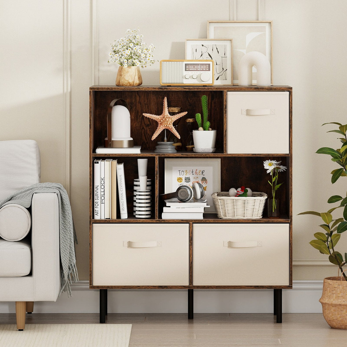 6-Cube Bookshelf with 3 Removable Folding Fabric Drawers for Living Room-Rustic Brown