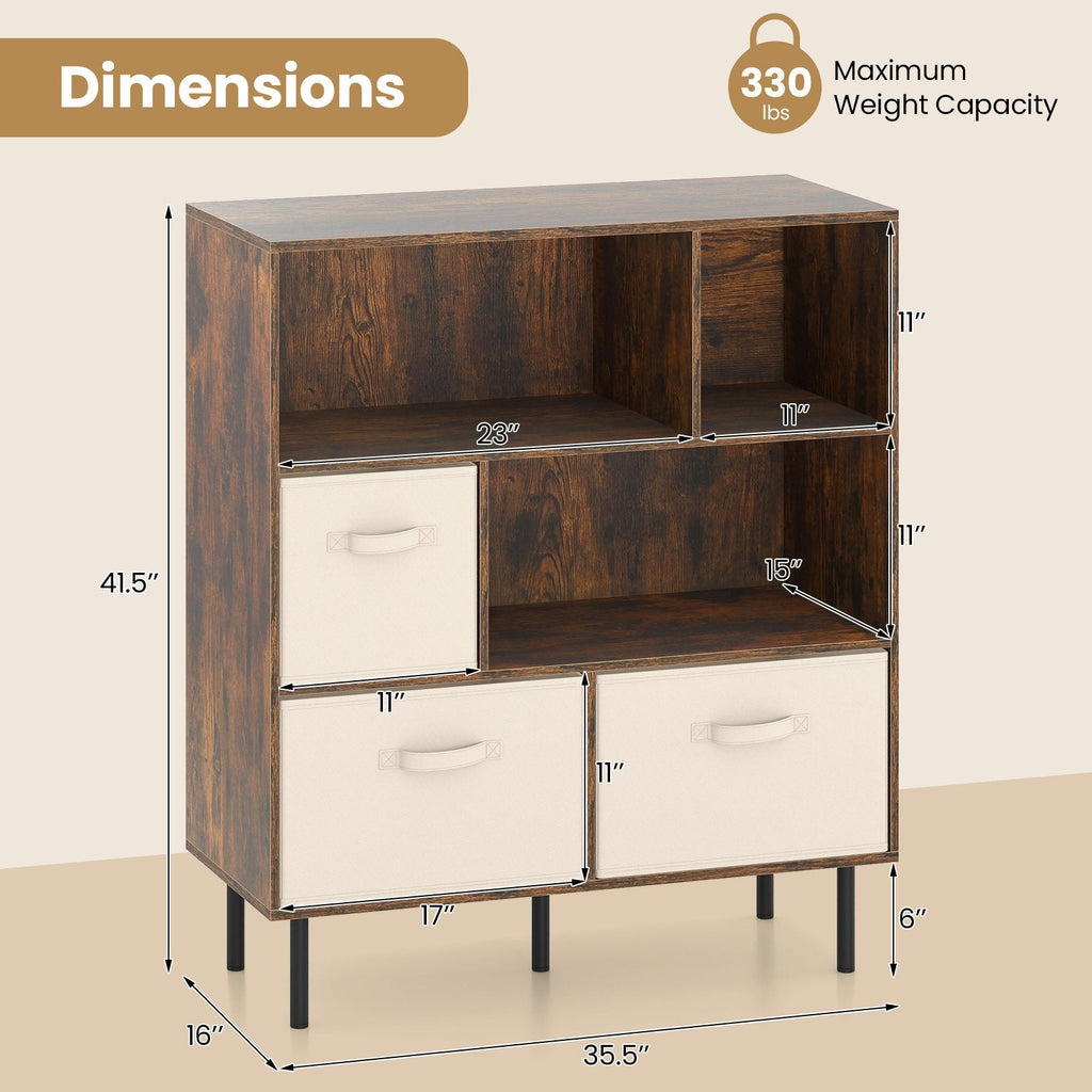 6-Cube Bookshelf with 3 Removable Folding Fabric Drawers for Living Room-Rustic Brown