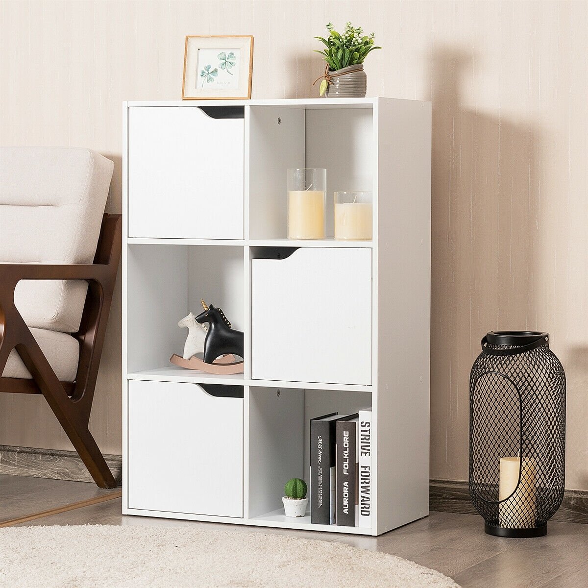 6 Cube Storage Organiser with 3 Doors, Freestanding Cube Bookcase, White