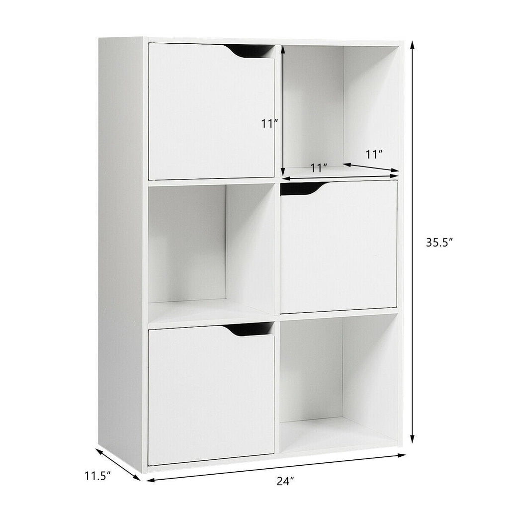 6 Cube Storage Organiser with 3 Doors, Freestanding Cube Bookcase, White