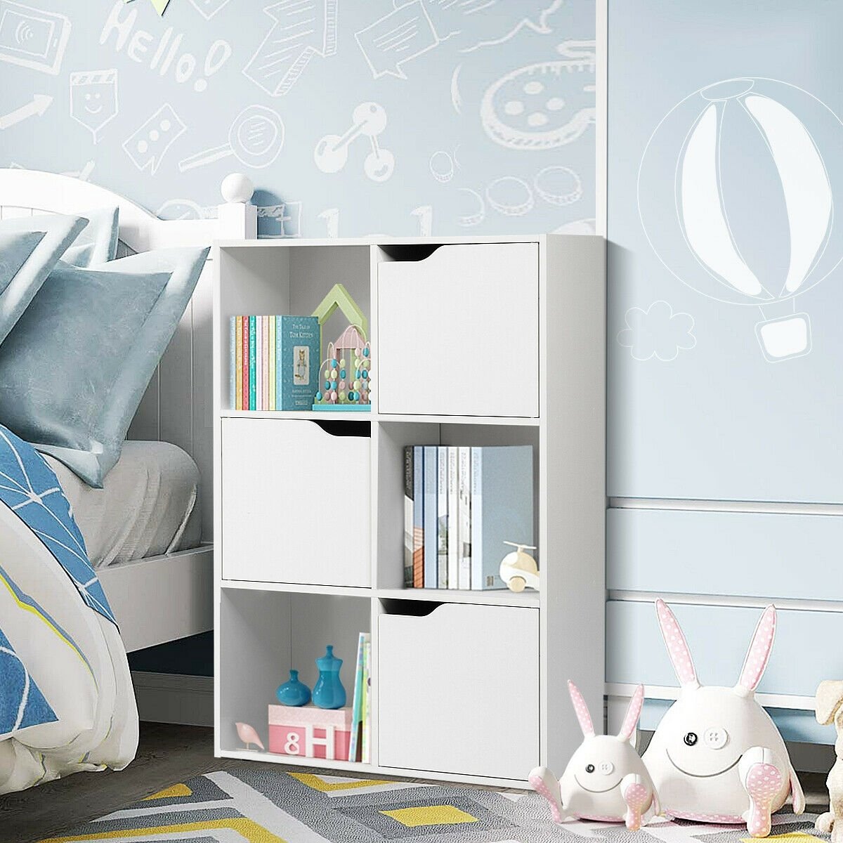 6 Cube Storage Organiser with 3 Doors, Freestanding Cube Bookcase, White