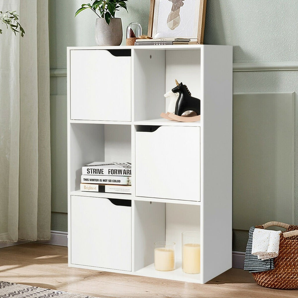 6 Cube Storage Organiser with 3 Doors, Freestanding Cube Bookcase, White