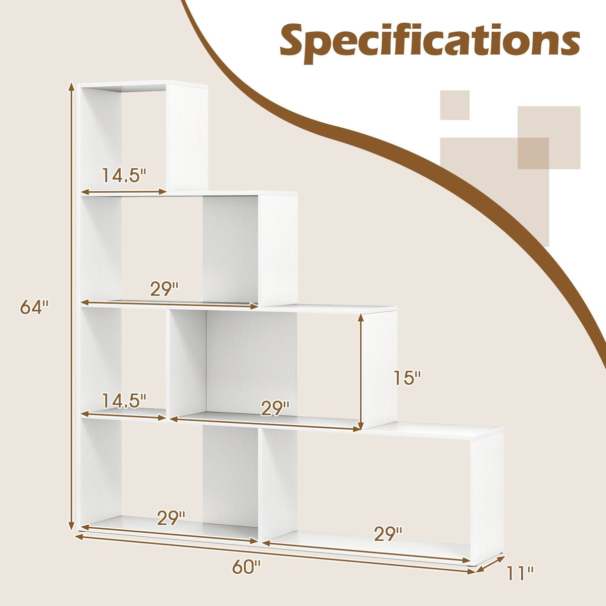 4 Tier Stair Bookcase with 6 Cubes, Stepped Display Shelf, White