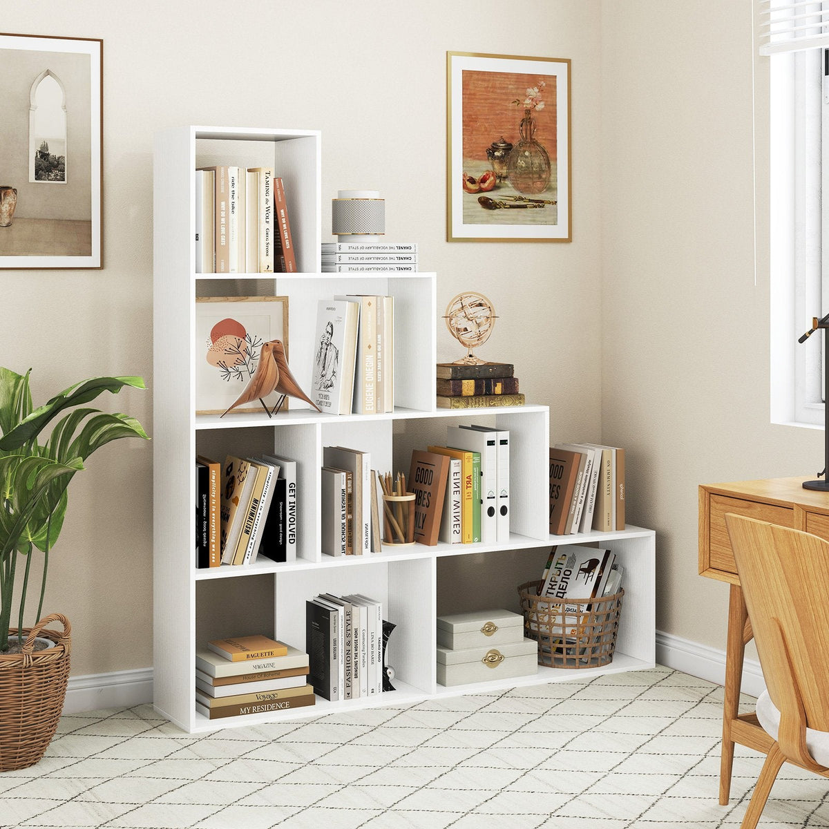 4 Tier Stair Bookcase with 6 Cubes, Stepped Display Shelf, White