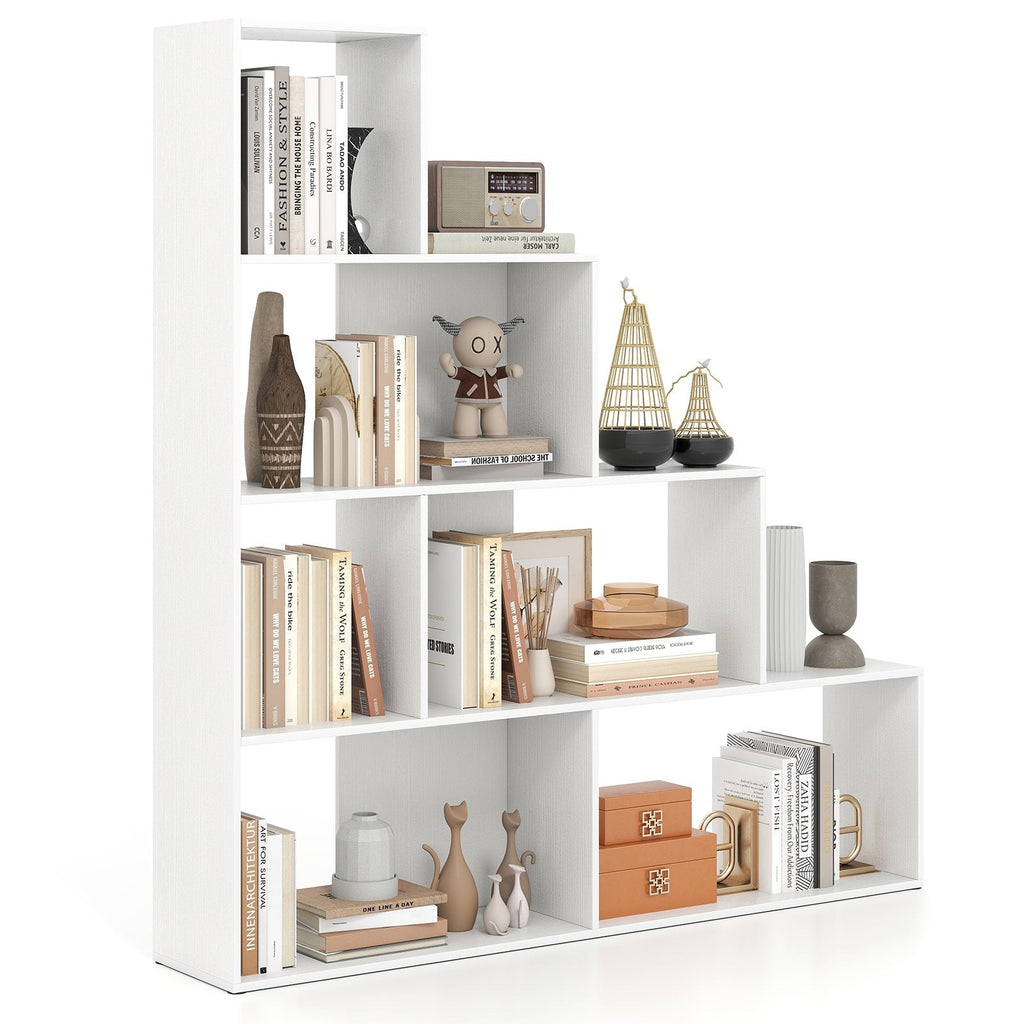 4 Tier Stair Bookcase with 6 Cubes, Stepped Display Shelf, White